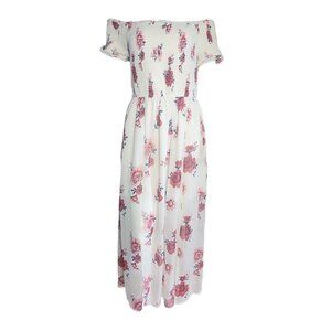 Love Fire Dress Womens XL White Red Floral Short Sleeve Smocked Chiffon Lined